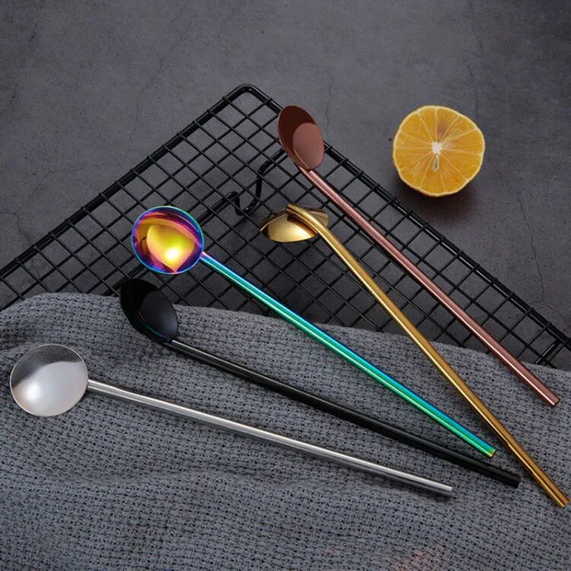 Stainless Steel Friendly Drinking Straw Spoon With Long Handle Milk Tea Spoon Kitchen Tableware Colorful Straw