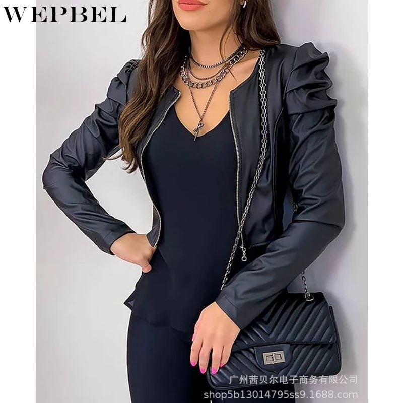 

WEPBEL Winter Pleated Coat Women's Casual Solid Color Cardigan Zipper Coat Autumn Puff Sleeve Slim Fit Patchwork O-Neck Coat