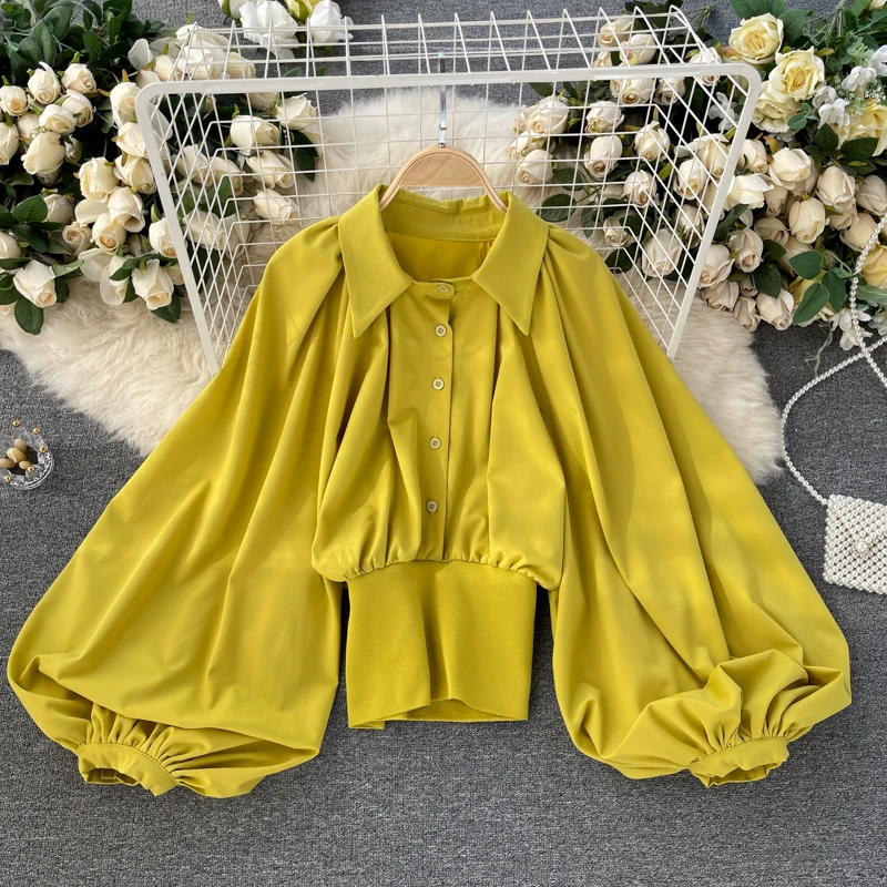 

Chic Exaggerating Big Lantern Sleeves High Waist Women Blouse Super Fashion Elastic Waist Chiffon Shirt Top