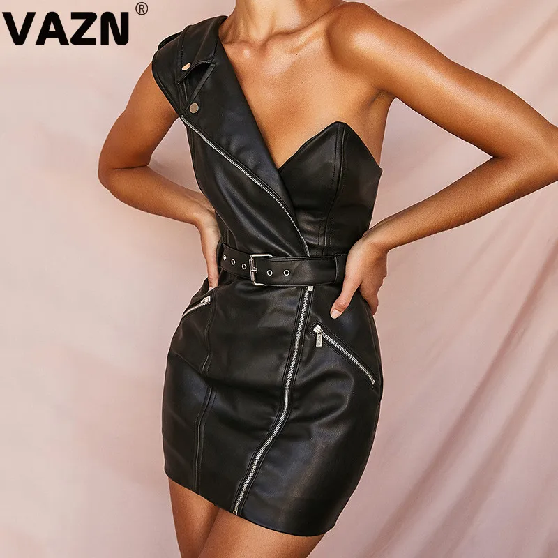 Черный VAZN, FD8359, новое кожаное платье, сексуальное, Клубное, классическое, черное, с вырезом, на одно плечо, на шнуровке, высокая талия, женское, тонкое, мини платье - Цвет: Черный