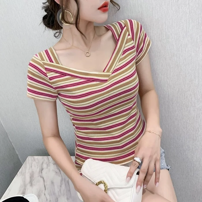 #6146 футболка в радужную полоску Женская Летняя Сексуальная с коротким рукавом и