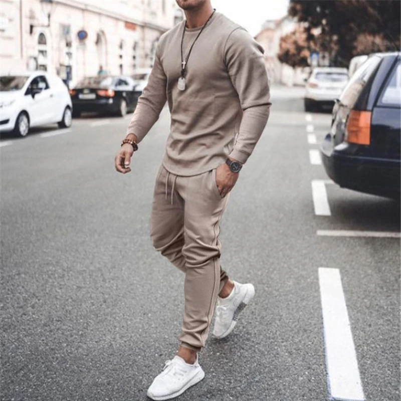 

Fashion Solid Mens Clothes 2021 New Autumn 2 Piece Set Men O Neck Tops and Drawstring Pants Outfit Casual Suits Plus Size 3XL