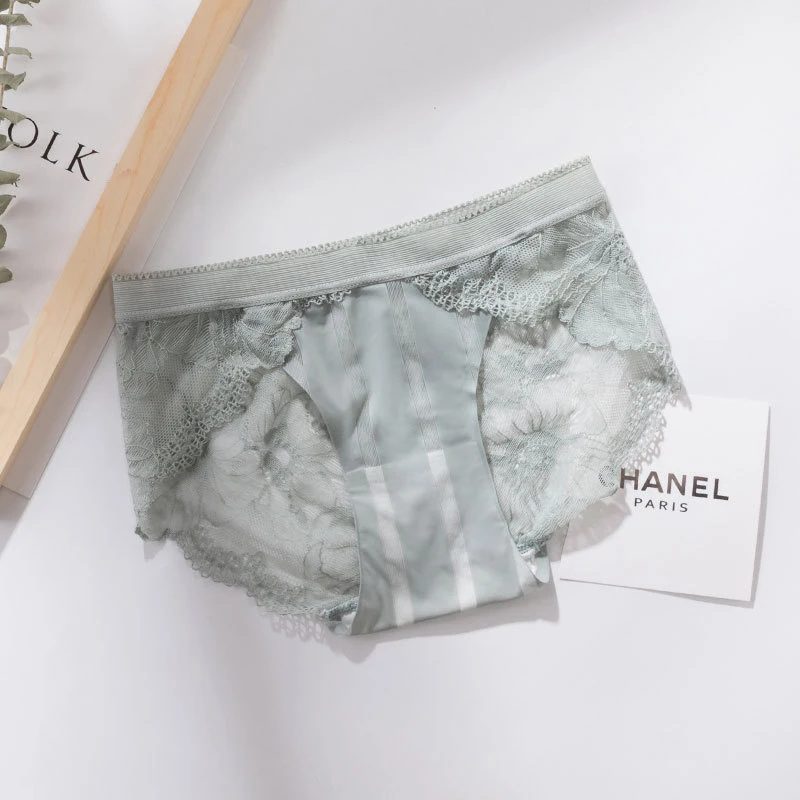 3 Pairs/Bag Mid-Waist Lace Sexy Ladies Panties, One-Piece Ice Silk Seamless Glued Cotton Crotch Briefs For Women