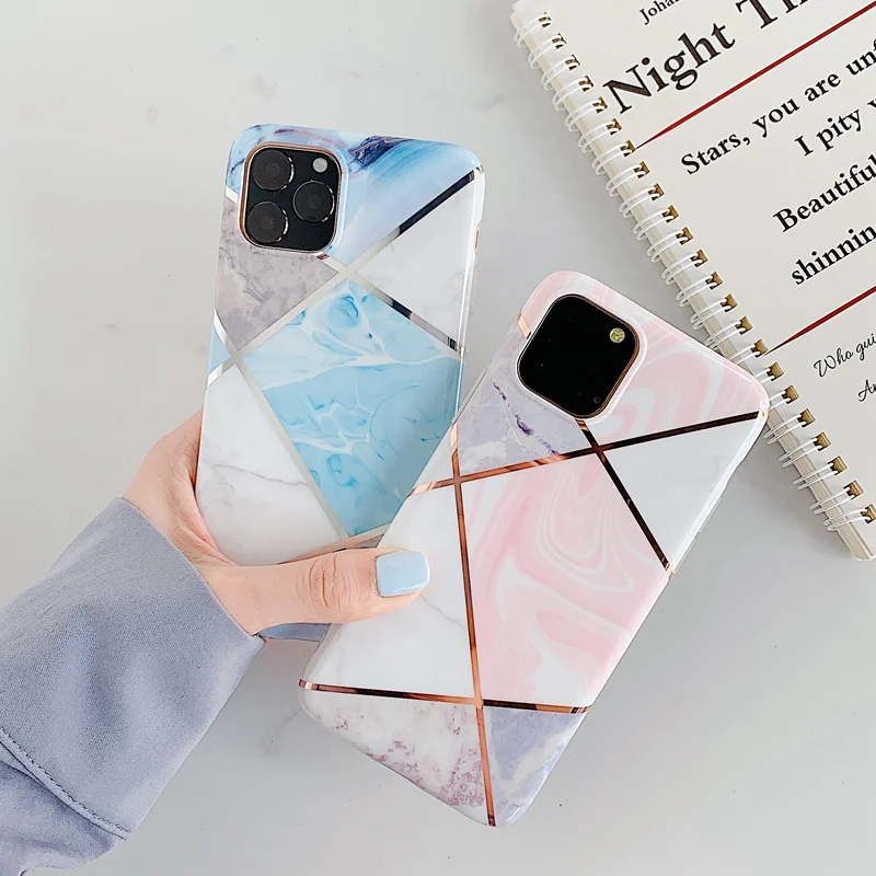Роскошный глянцевый мраморный чехол для телефона iPhone 12 mini 11Pro X XR XS Max 7 8 6 6S Plus с покрытием геометрической линии из мягкого TPU на задней панели.