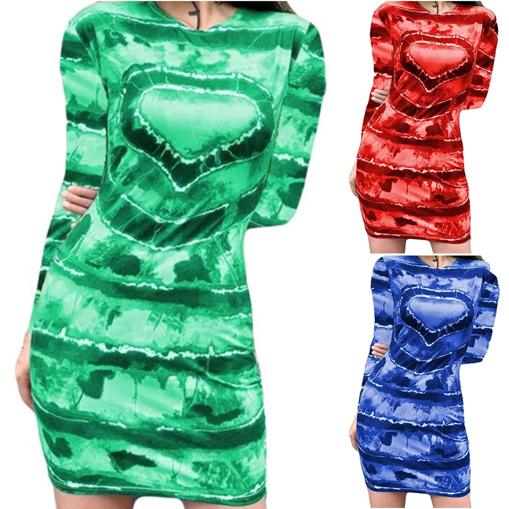 

VICABO Woman Dress Casual Love Printed Striped Dresses Women Slim Long Sleeve Bag Hip Vestido 5XL Autumn Fashion Sheath Dresses