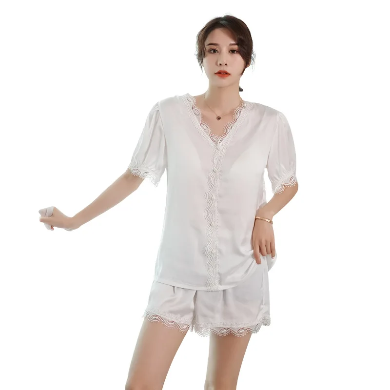2021 Summer New Women's Pajamas Sets Sexy Lace Edge Breathable V-neck Short Sleeve Shorts Nightwear Suit Home Wear Sleepwear