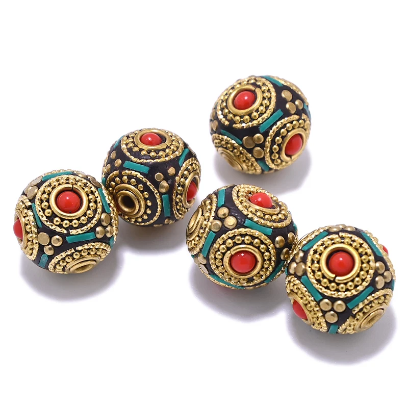 TZ-K08 Handmade Nepal Buddhist Tibetan Brass Craft Beads for Jewelry Making DIY Accessories Clay Inlaid Colorful Orb Bead