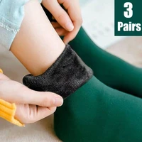 3 pairs womens winter warm socks thicken thermal nylon cashmere solid color socks soft snow velvet boots floor sleep black sock