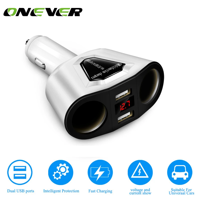 Автомобильное зарядное устройство Onever с двумя USB портами и HD дисплеем|Зажигалка| |