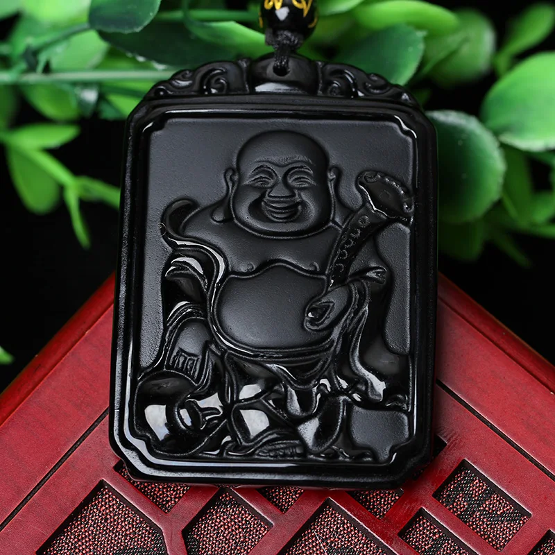 Ожерелье из бусин натурального черного обсидиана ручная работа подвеска Будды