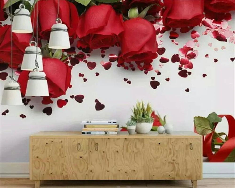 

beibehang Custom 3d wallpaper romantic warm red rose petals wedding room bedroom bedside background wall large mural wallpaper