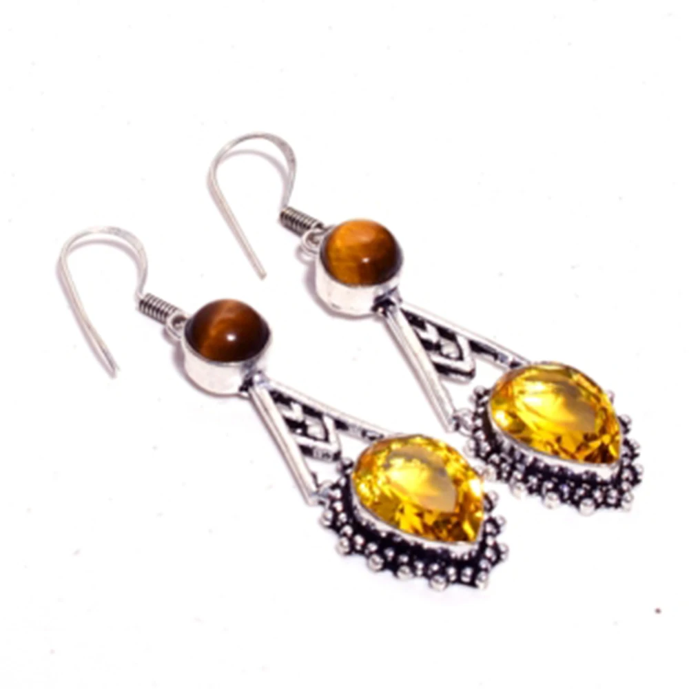 

Genuine Citrine + Tiger Eye Silver Overlay on Copper Earrings , Hand made Women Jewelry Gift