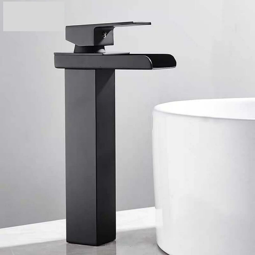 

Square Chrome and Black Waterfall Basin Sink Faucet Bathroom Mixer Tap Wide Spout Vessel Sink Fauet Hot Cold Water Tap