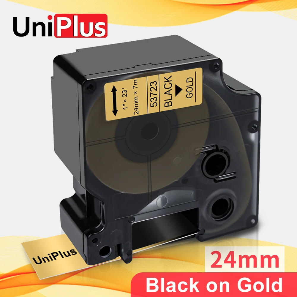 

Сменная этикетка UniPlus Dymo D1, 24 мм * 7 м, черная на золоте 53723, кассета машинки для пишущей машинки для Dymo mobilelabоволлер, LabelManager PnP 500