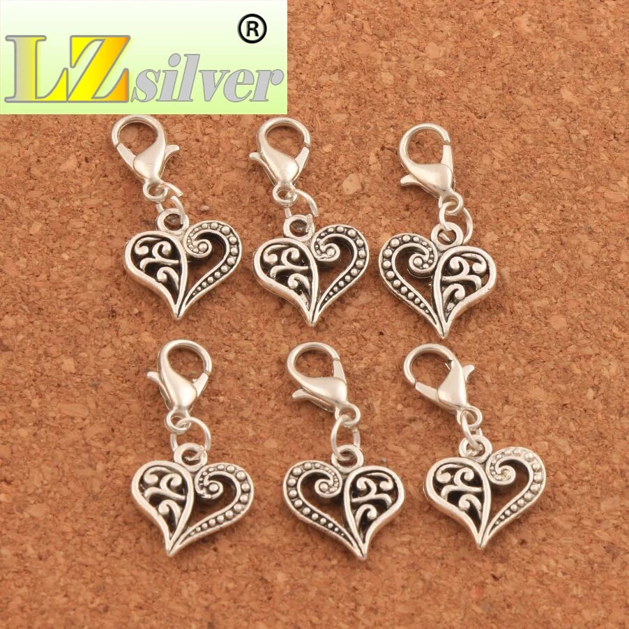 Open Flower Heart Lobster Claw Clasp Charm Beads 12.9x27.5mm 4Colors 100pcs zinc alloy Bronze  Jewelry DIY C919