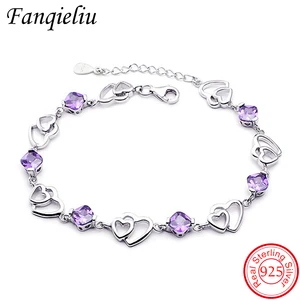 Женский браслет Fanqieliu, браслет из стерлингового серебра 925 пробы со звеньями в форме сердца и стразами, FQL20F227
