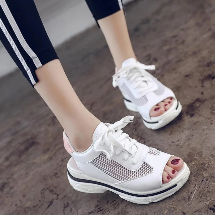 

Women's Sandals 2020 Summer Muffin Thick Bottom Fish Mouth Sports Sandals With Breathable Mesh Pu Leather Women Casual Shoes