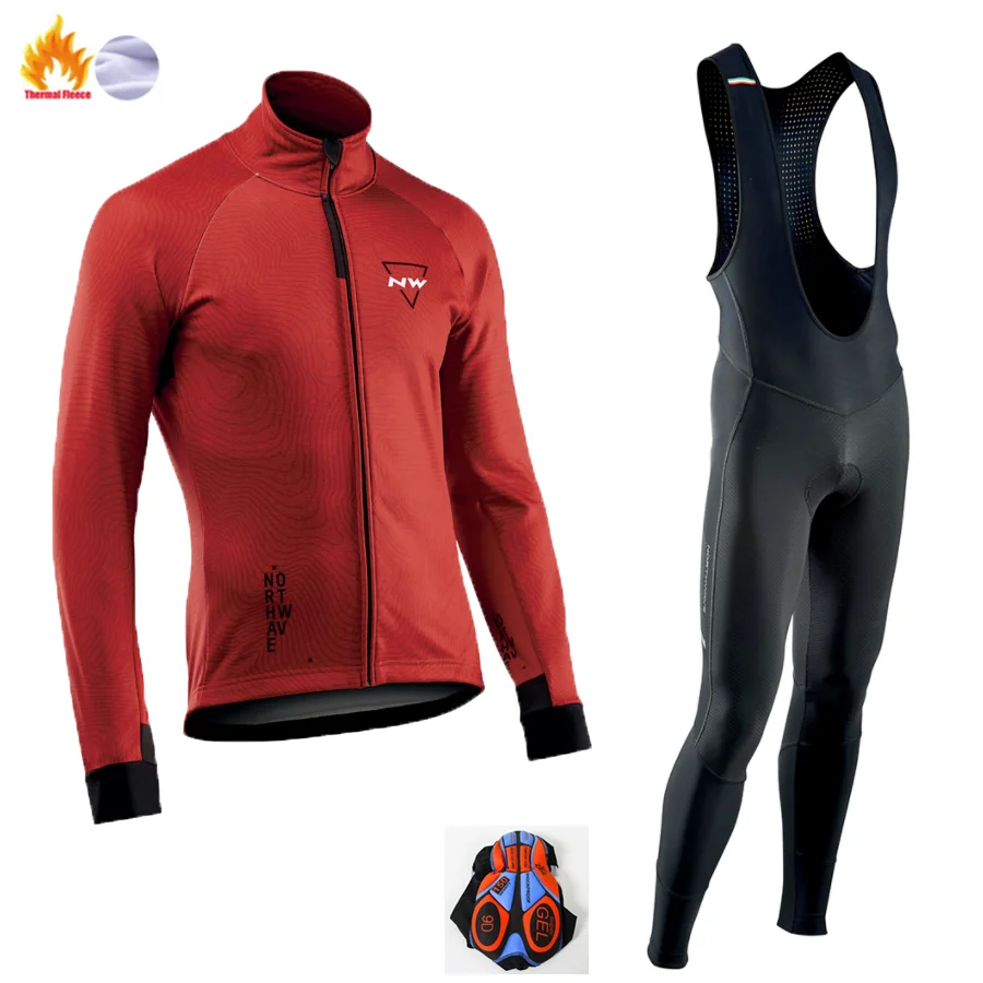NW North Wave Ciclismo Джерси Pro зимнее Велосипедное снаряжение теплый шерстяной костюм с длинным рукавом набор велосипедных костюмов набор для езды на велосипеде - Цвет: Fleece long sleeve