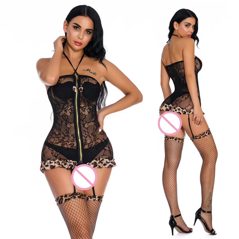

Эротическое нижнее белье, комбинезон, леопардовая короткая юбка, стильные носки на молнии, облегающая форма, женский сексуальный пижамный комплект
