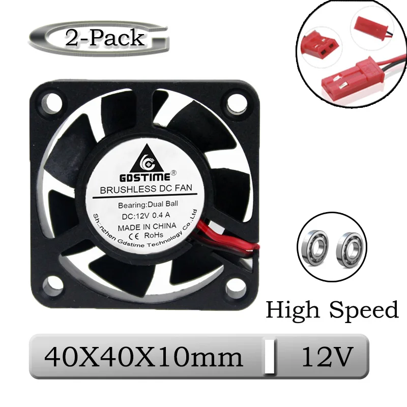 2 Pcs Gdstime 12V 40mm 40x40x10mm Dual Ball High Speed Brushless DC Exhaust Cooling Fan 4010 4cm JST Connector 3D Printer Cooler