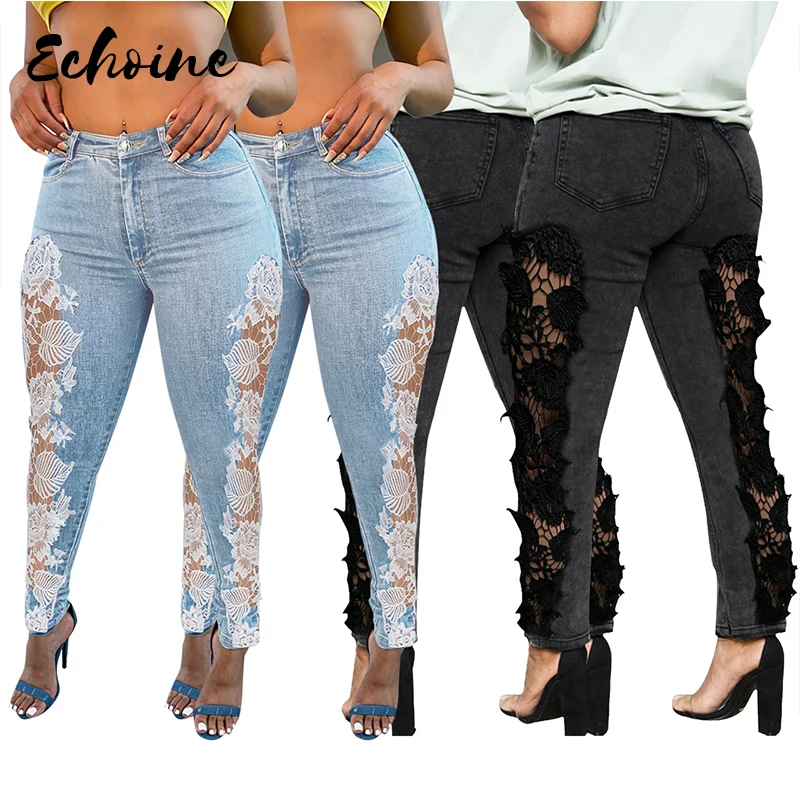 

Рваные джинсы для женщин, джинсы с завышенной талией, винтажные расклешенные джинсы с дырками, кружевные женские брюки, 2XL
