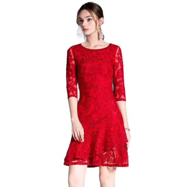 

Quality Lace High Dress 2021 Spring Style Women O-Neck Allover Appliques Embroidery 3/4 Sleeve Slim Fitted Party Ruffle Dress