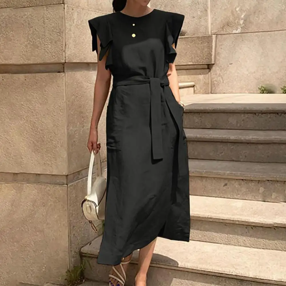 

Women O-neck Sleeveless Dress Soft Ruffle Mid-Calf with Belt Midi Dress Sundress Party Summer Vestido Robe
