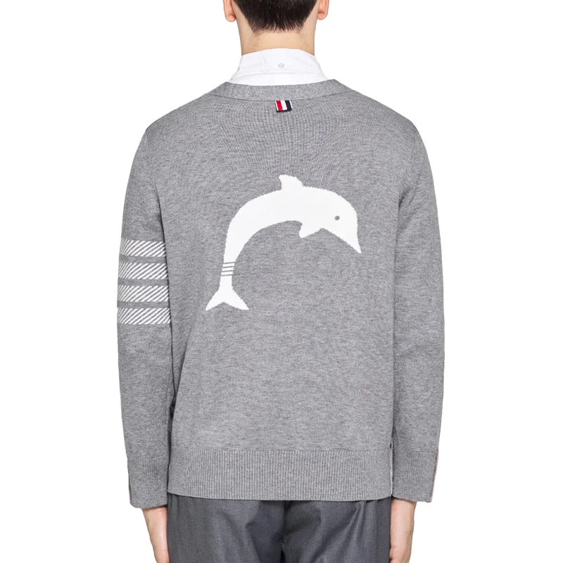 

THOM 2021 TB Fashion Brand Sweaters Men Slim V-Neck Cardigans Clothing Striped Dolphin Wool Cotton Spring and Autumn Casual Coat