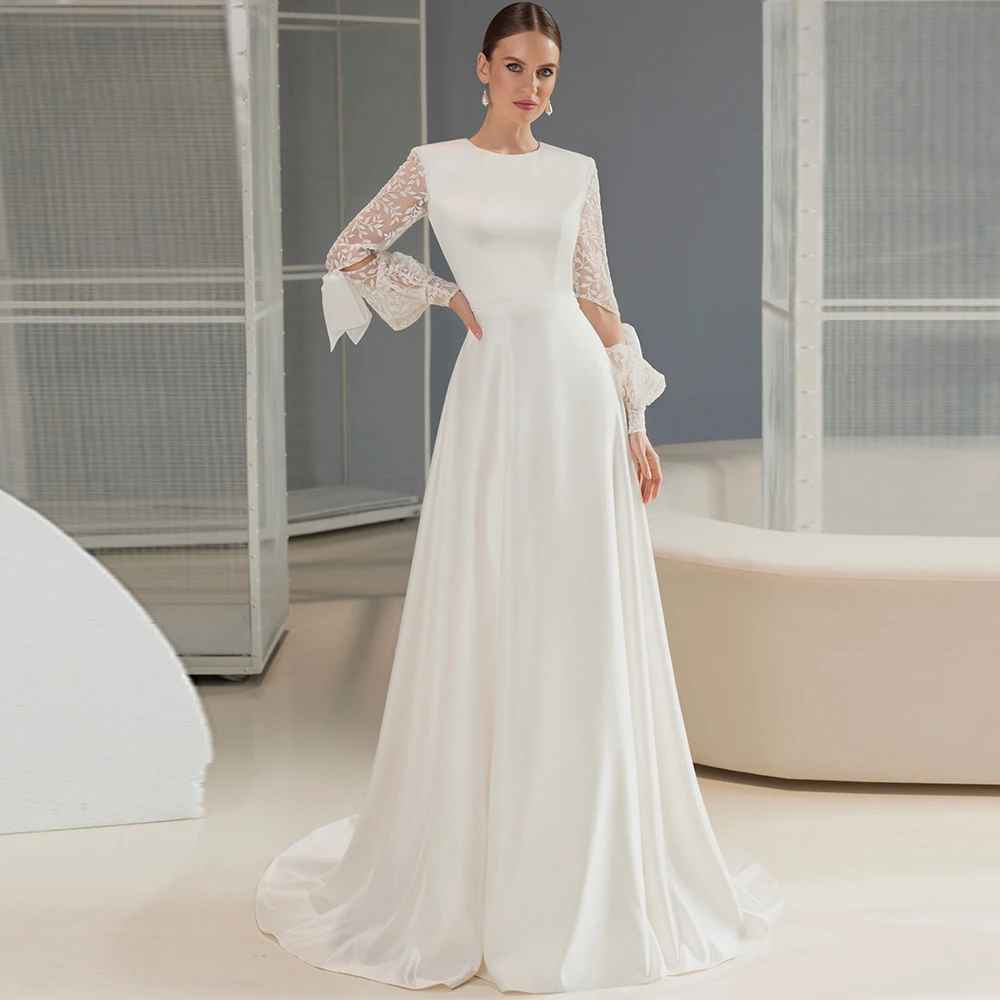 

Длинное Свадебное платье до пола с длинным рукавом и круглым вырезом