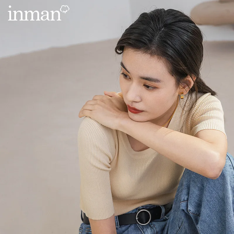 INMAN 2020 Spring New Arriavl Round Collar Pure Color Short Sleeve Commuting Base Shirt | Женская одежда