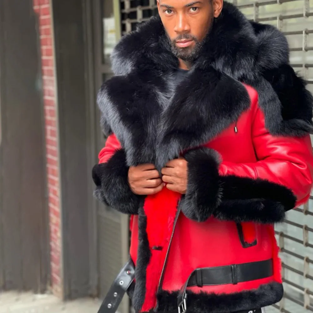 

Новинка 2021, Мужская модная кожаная куртка, однотонная утепленная куртка с бархатным меховым воротником и капюшоном, на молнии, с длинным рук...