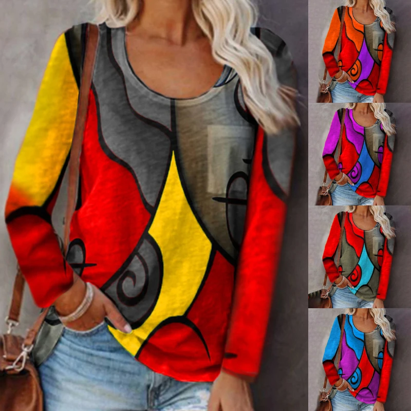 

Autumn New Tops Women Geometric Print Color Block T shirt Long Sleeve Loose Casual Pullover Top Oversize Tee Womens Clothing