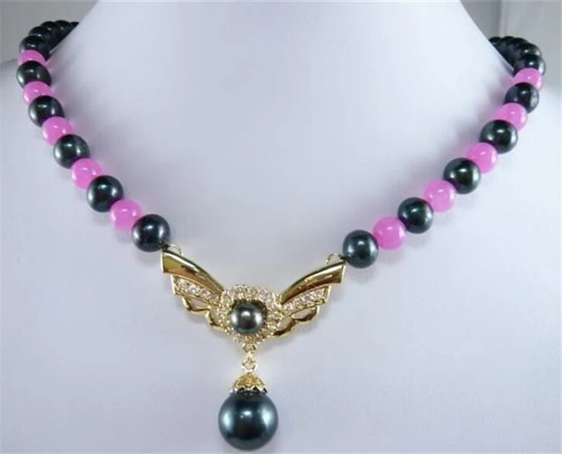 

HABITOO Hot Natural 8-9mm Black Freshwater Pearl Pink Alexandrite Gemstone Bead Choker Necklace 14kgp CZ Pendant Jewelry Gifts