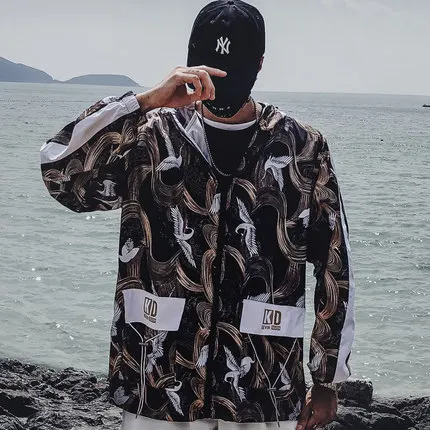 brown Harajuku Color Block Jacket Streetwear Mens Hip Hop Windbreaker Jacket Printed Street Dance Jacket Coat Autumn Summer Clothes - Цвет: brown