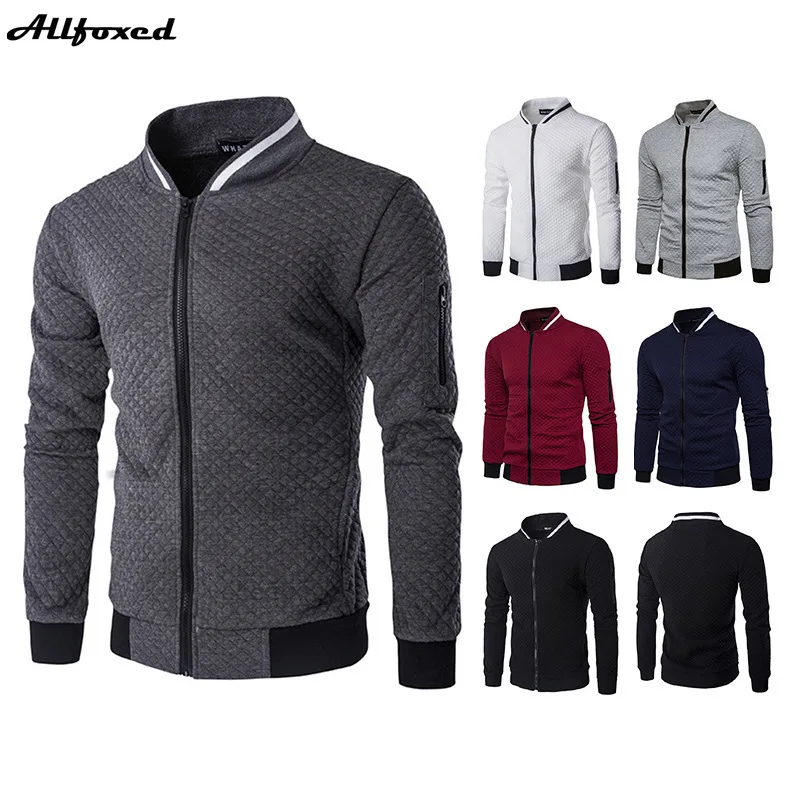 

Long Sleeve Hooded Jacket Men's Casual Plaid Cardigan Sweatshirts Zipper Stand Collar Sport Coat For Male Streetwear Clothing