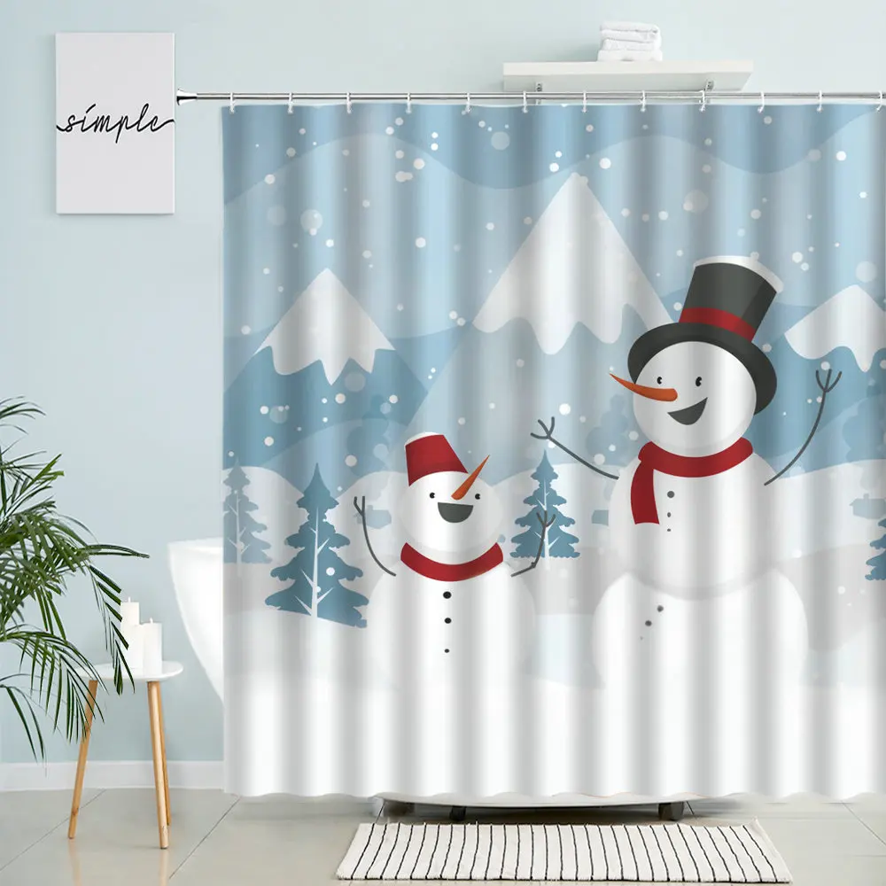 

Cartoon Snowman Shower Curtain Merry Christmas Winter Forest Snow Mountain Child Fun Design Bathroom With Hook Waterproof Screen