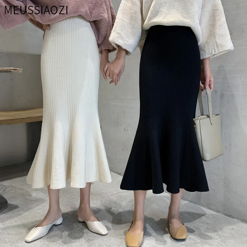 

2020 Fall Winter Korean Chic Ruffles Slim High Waist Mermaid Skirts Women Wild Solid Wrap Hip Knitted Trumpet Skirt Faldas