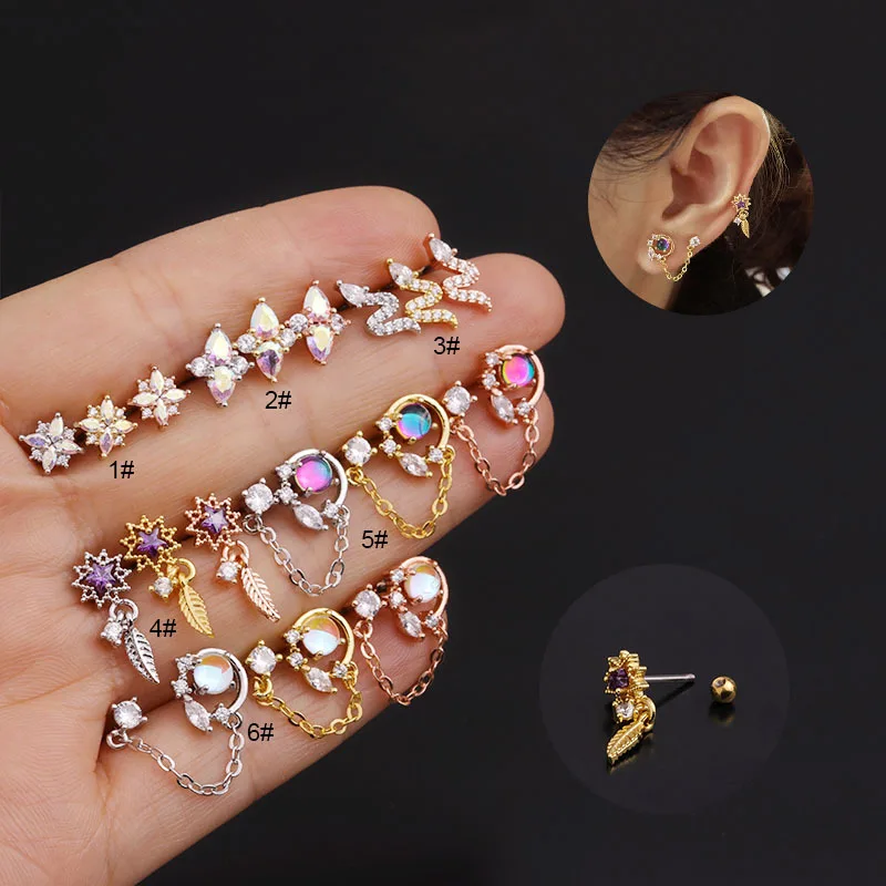 

1Pc 20g Flower Leaves Snake Cz Ear Cartilage Stud Earring Multicolor Crystal Helix Conch Rook Tragus Chain Body Piercing Jewelry