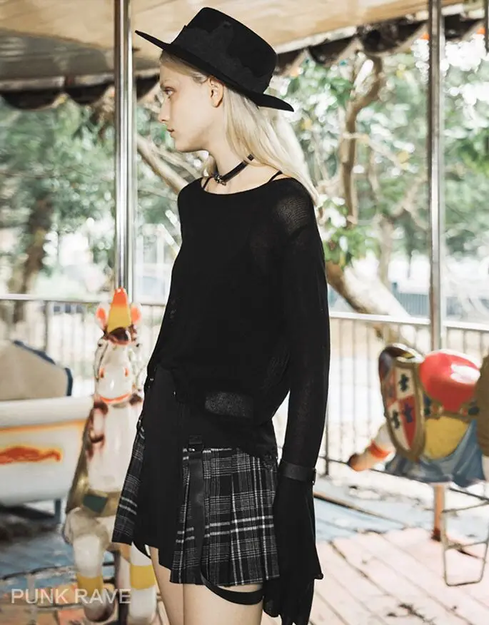 Панк рейв женский Готический Повседневный расклешенный рукав вязаный свитер PM-142