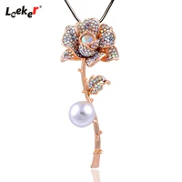 leeker fashion gold color rhinestone rose flower pendant long necklace for women snake chain women statement jewelry 462 lk2