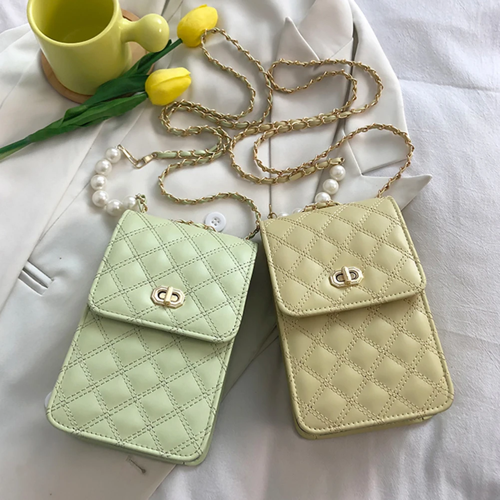 

Creative Lattice Cover Shoulder Bag Messenger Bag Phone Bags Women Vintage Lattice Pearl Chain Crossbody