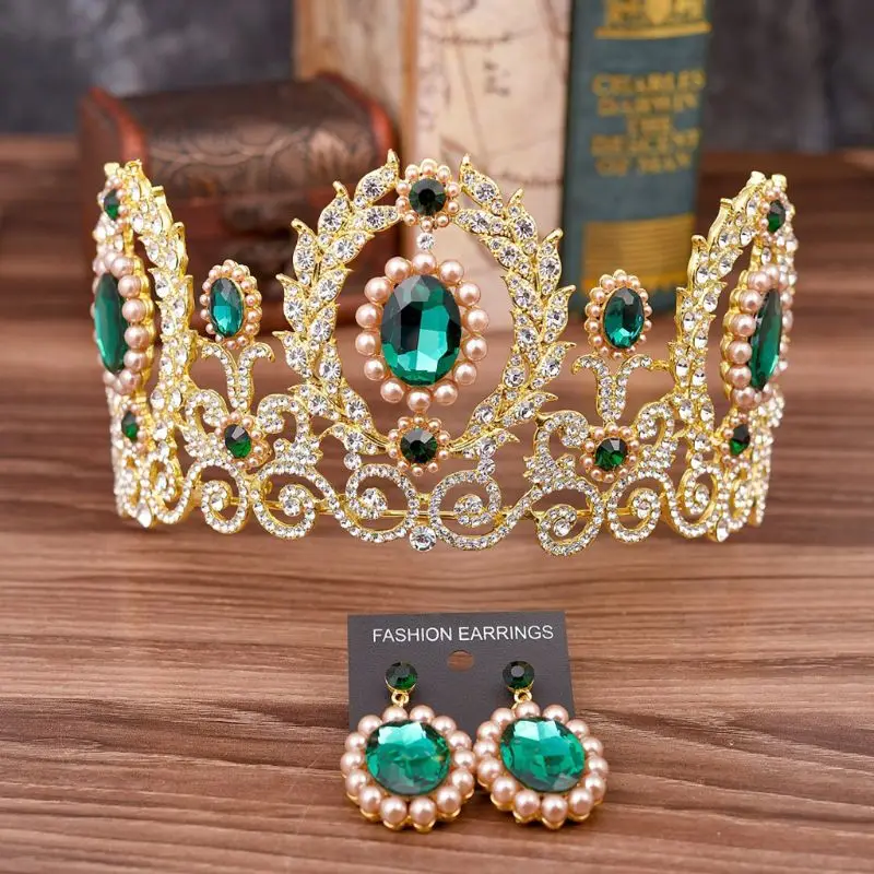 

Bridal Tiara Crown Earrings Set Baroque Retro Rhinestone Headband Ear Jewelry T4MD