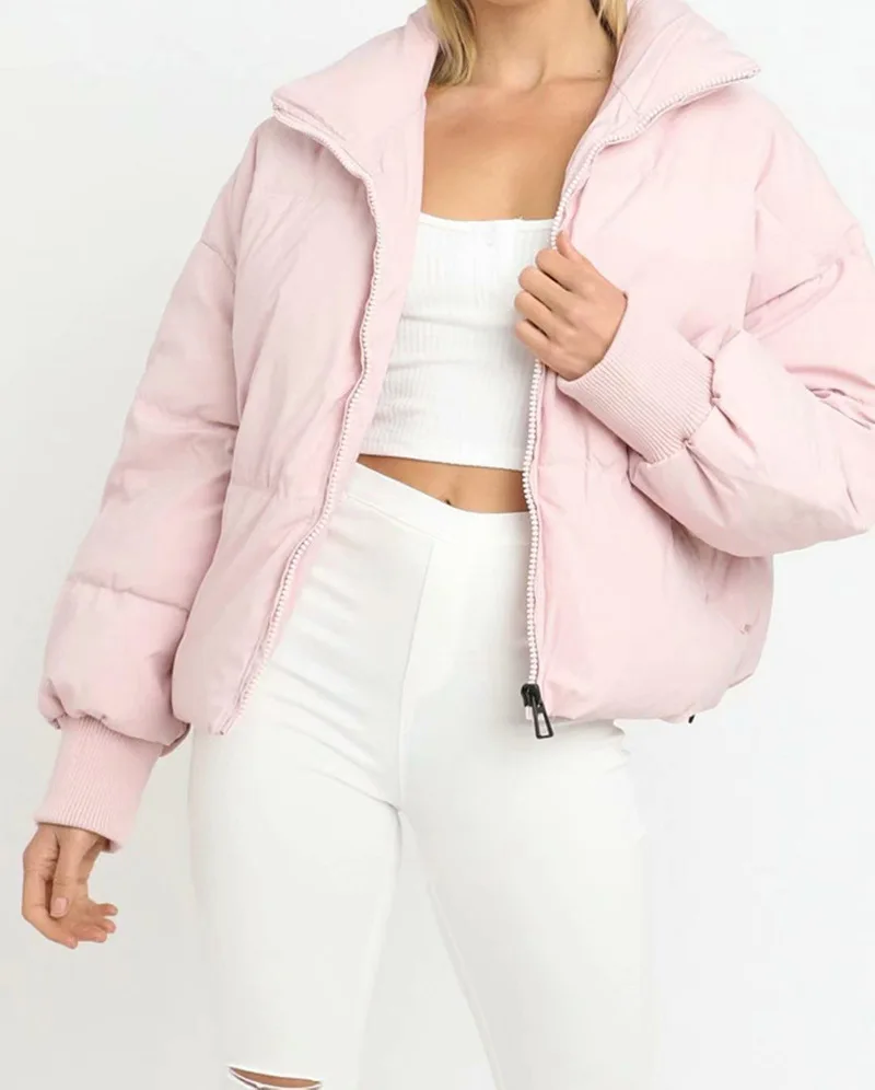 2021 Winter Women's Stand Collar Zipper Jacket Office Solid Pocket Cotton Short  Women's Coat Casual Warm Parka Female Outwear