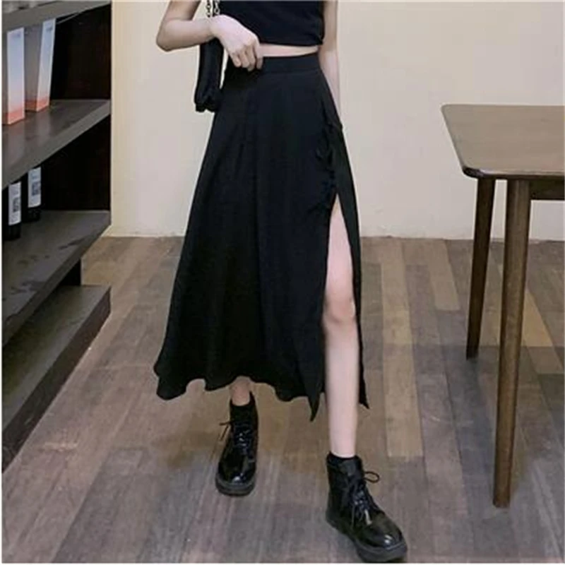 

Черная юбка с Боковым Разрезом, высокой талией и облегающей шифоновой юбкой на бретельках для женщин