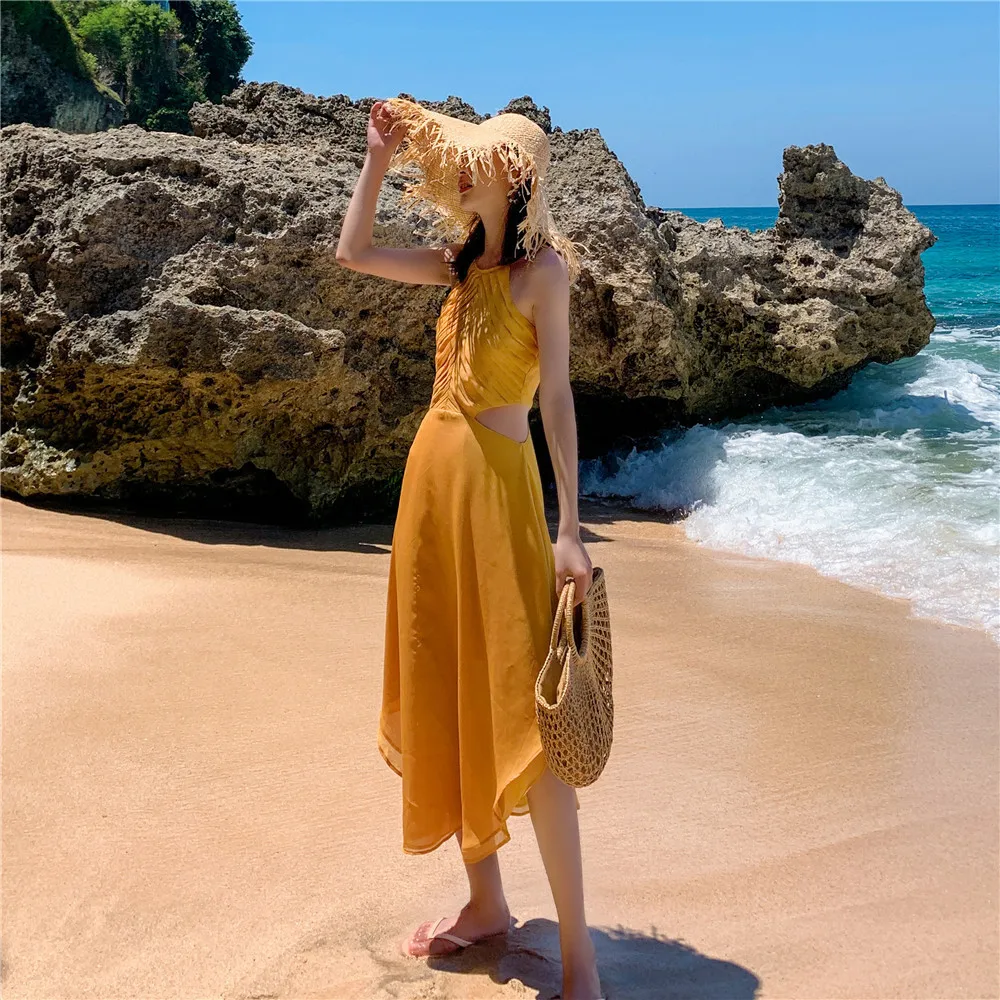 

Летние сексуальные женские платья с открытой спиной, асимметричные платья высокого качества в пляжном стиле, желтые женские платья