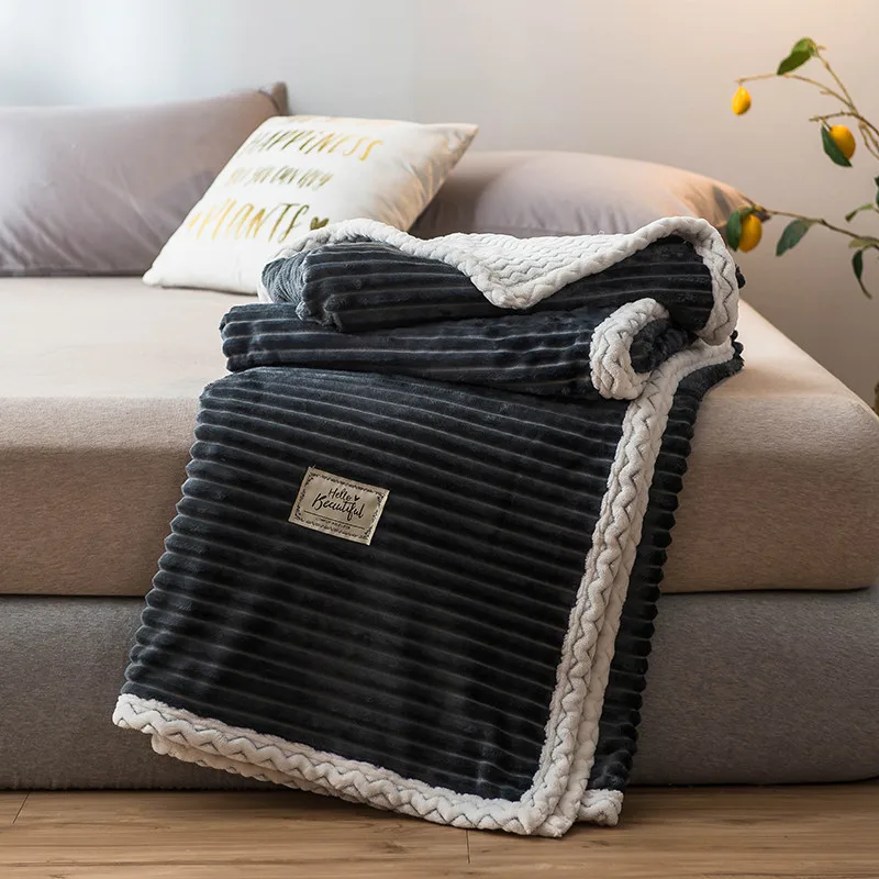 Синее фланелевое одеяло двустороннее мягкое флисовое покрывало в полоску для