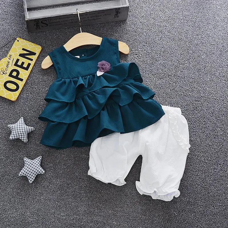 Светло-голубой BibiCola/летние комплекты одежды для маленьких девочек топы без рукавов+ короткие штаны с галстуком-бабочкой комплекты повседневной хлопковой одежды с рисунком для девочек - Цвет: Светло-голубой