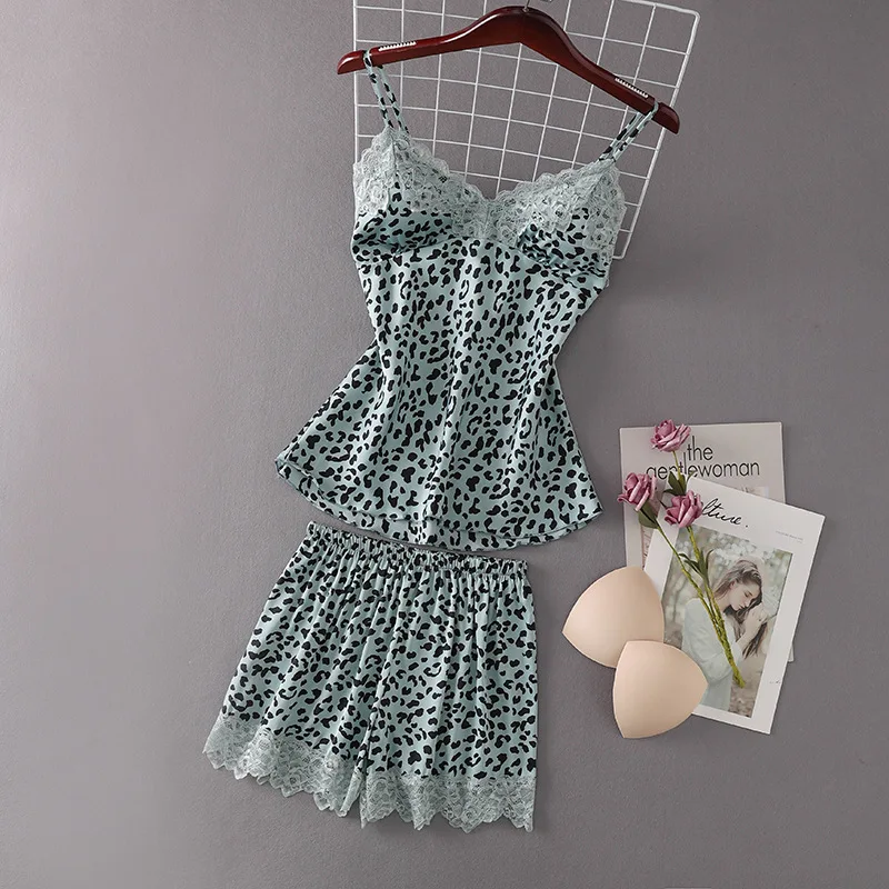 

Leopard Pajamas Set Female Summer Strap Top&Shorts Home Suit Lace Trim Suspender Pijamas Suit Loose Casual Faux Silk Loungewear