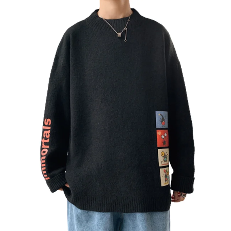 

Through printing middle school students' sweater men's Plush thick imitation mink sweater fat big autumn and winter lazy sweater