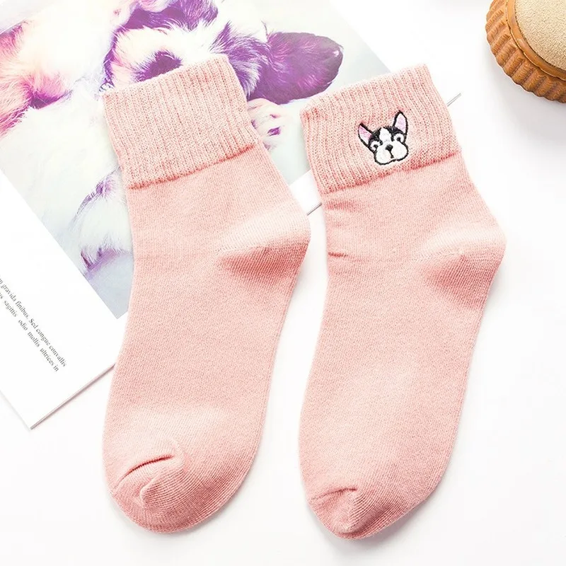 

5 Pairs Cartoon Dog Kawaii Pink Socks Women Embroider Streetwear Japanese Korean Style Woman Socks Cotton B0069